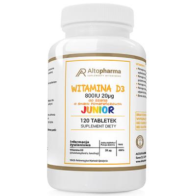 WITAMINA D3 800 IU 20 µg JUNIOR DO SSANIA Pomarańcza Odporność Wapń 120 tabletek do ssania