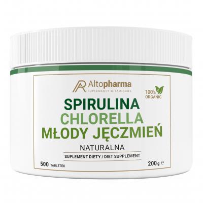 CHLORELLA SPIRULINA MŁODY JĘCZMIEŃ Oczyszczenie Odporność Białko 500 tab